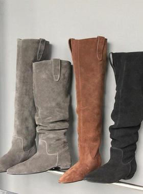 2025秋冬新款不过膝褶皱尖头堆堆靴女套筒低跟黑色显瘦长筒骑士靴