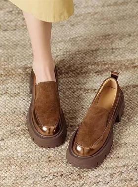 2025秋新款磨砂厚底黑色乐福鞋女休闲坡跟松糕底拼色懒人单鞋女