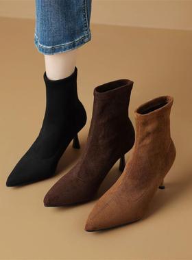 细高跟短靴女2025秋冬新款尖头黑色短靴显瘦 纯色绒面弹力瘦瘦靴