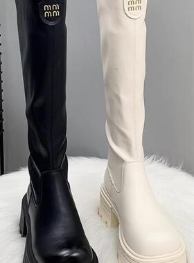 真皮厚底白色长筒靴女秋冬2025新款爆款骑士靴不过膝长靴