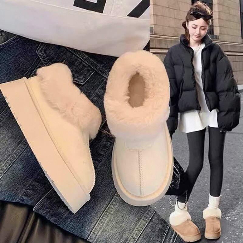 面包鞋2025雪地靴白色保暖毛毛女厚底加绒皮毛一体新款冬季大棉鞋