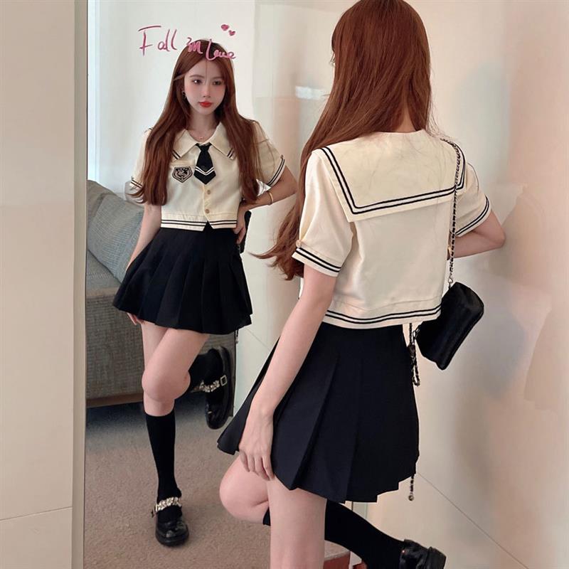 夏季学院风jk制服套装女减龄短袖衬衫短款海军领高腰半身裙两件套