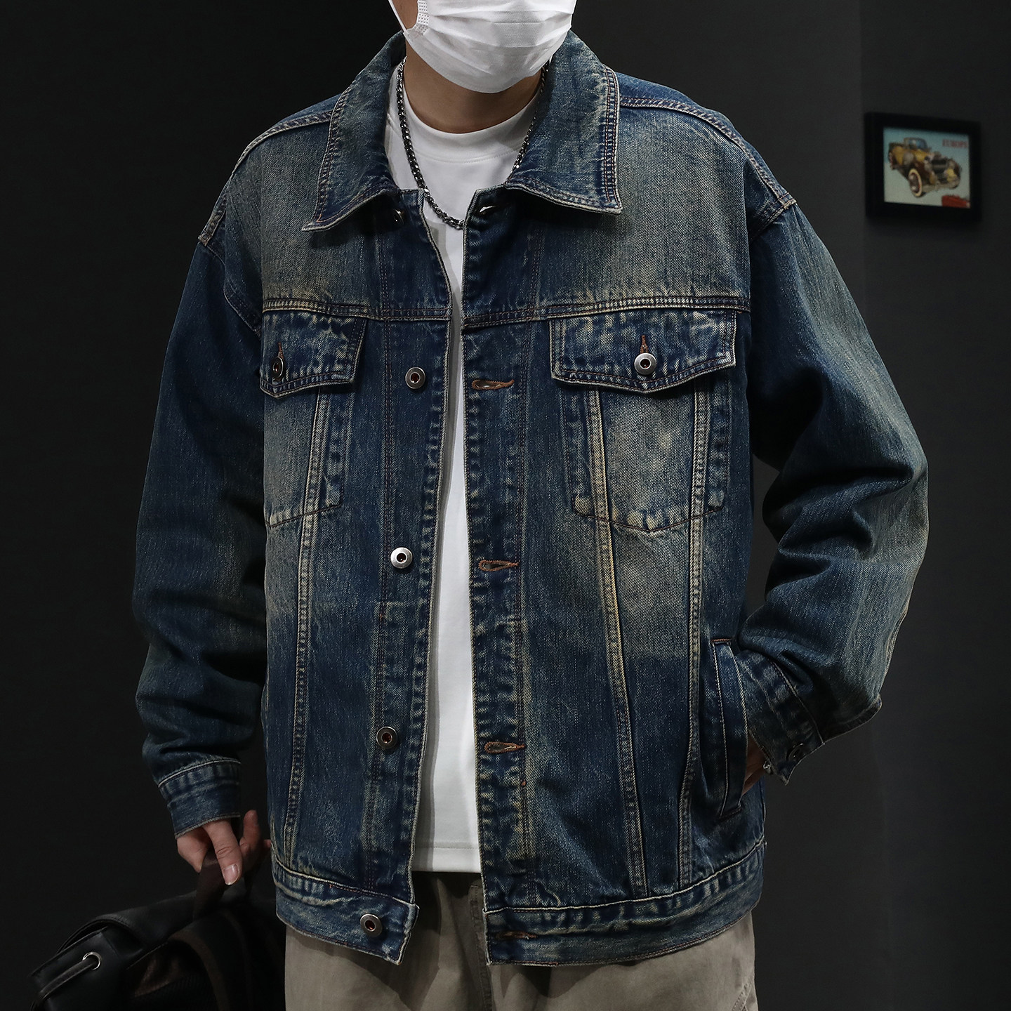 【脏脏涂鸦】复古做旧对称翻盖口袋牛仔外套男春季休闲宽松上衣潮,男装,牛仔外套,淘宝优惠券,粉丝福利购,淘宝优惠卷