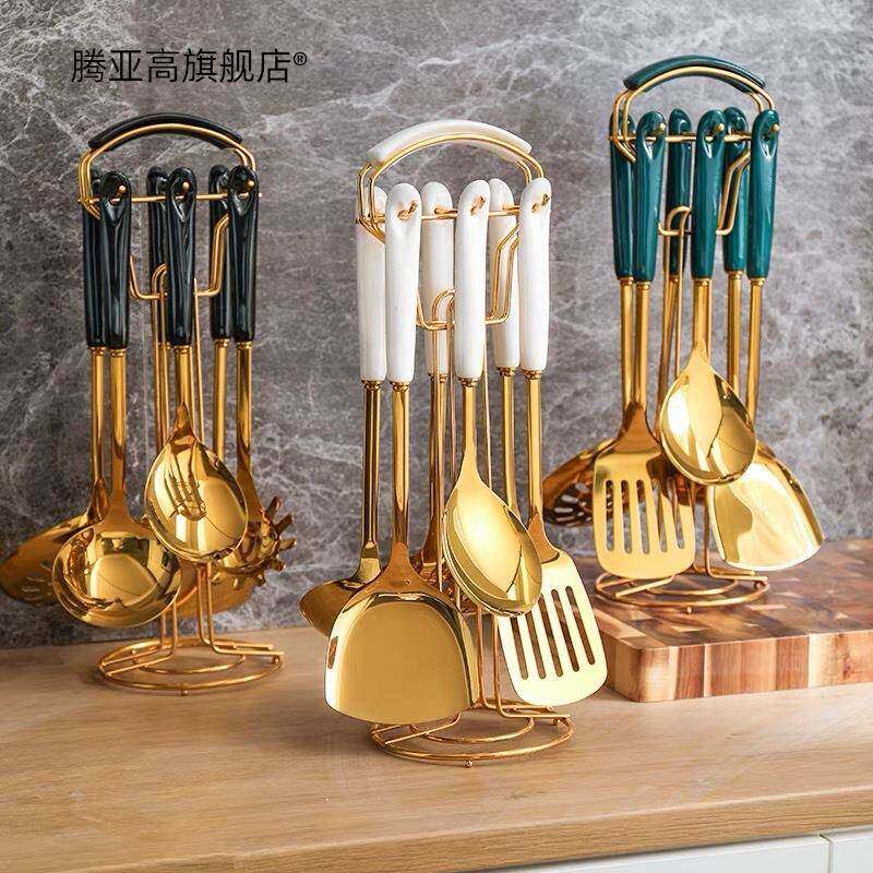 轻奢风不锈钢厨具套组烹饪铲勺七件套家用锅铲汤勺陶瓷柄厨具套组