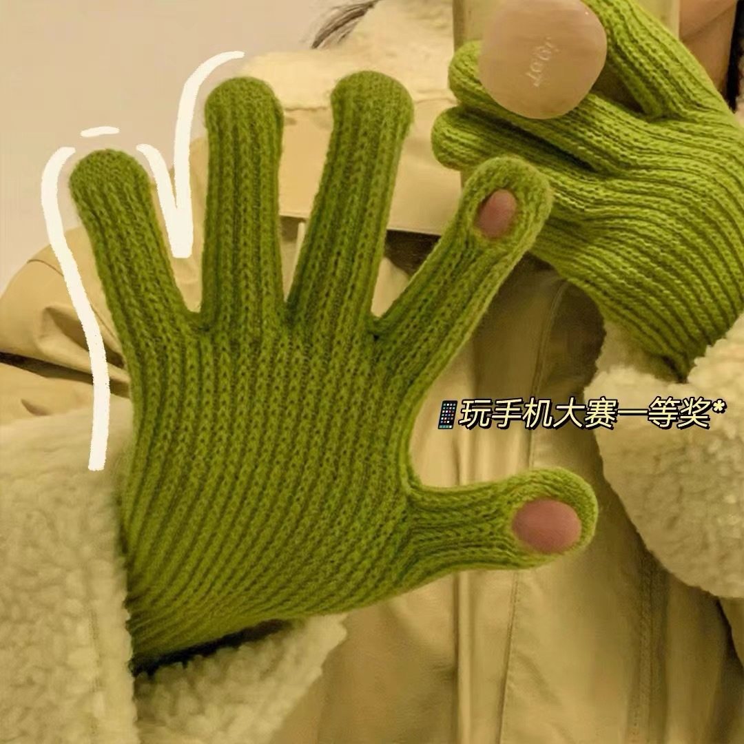 针织手套女韩国小糖豆冬季毛线加厚触屏漏指户外骑行保暖手套分指