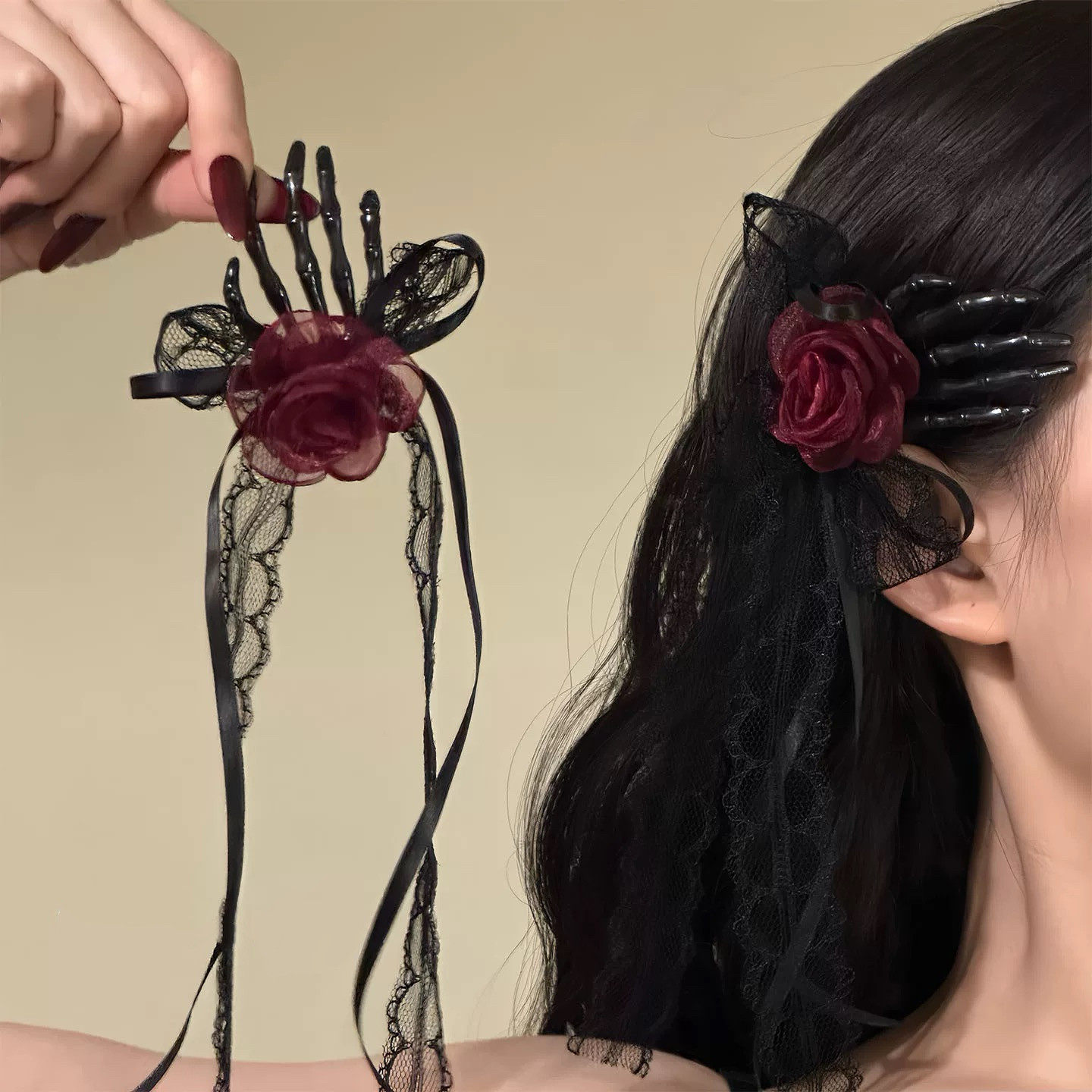 反派小恶魔暗黑系骷颅手花朵发夹蝴蝶结蕾丝侧边夹万圣节拍照发饰