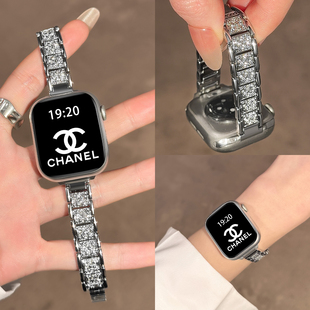 适用苹果手表带iwatchs11满钻细闪applewatchs10高级感金属小蛮腰series11表链S9/8女镶钻透气智能运动夏季