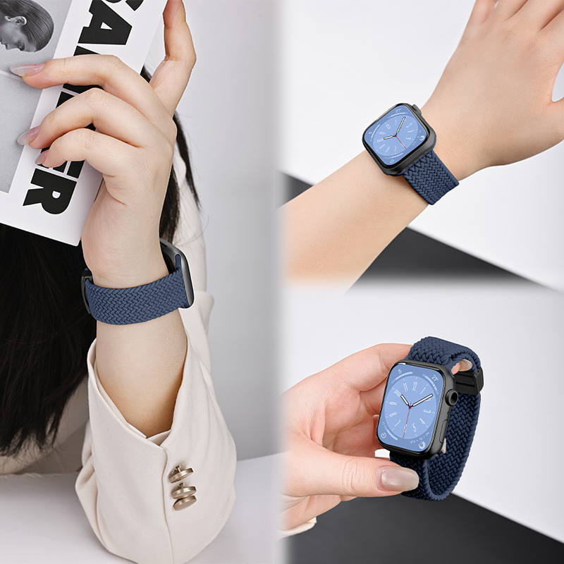 适用applewatch9苹果手表表带iwachs10编织磁吸弹力Ultra2/1金属扣尼龙新款S8/7/6/5/4代透气SE腕带男款夏天