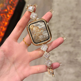 适用苹果手表表带s11镶钻链式iwatch老钱风s10质感细手链腕带applewatch手表智能精致四叶花se运动9代女生款