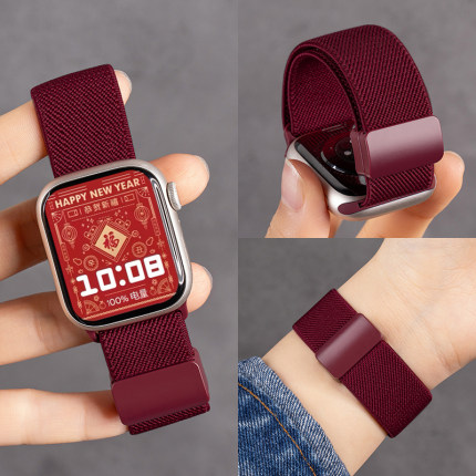 适用苹果S10手表iwatch9表带applewatch8酒红10编织磁吸扣S9小众创意高级腕带S8时尚7女se智能S7新款新年冬天