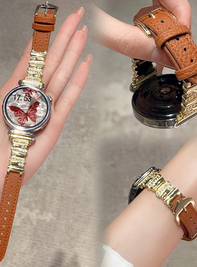 适用华为gt6手表黑天鹅gt5新款pro爱马仕橙真皮表带GT4女款腕带镶钻拼皮质gt3高级感精致gt2小众红色表链秋冬