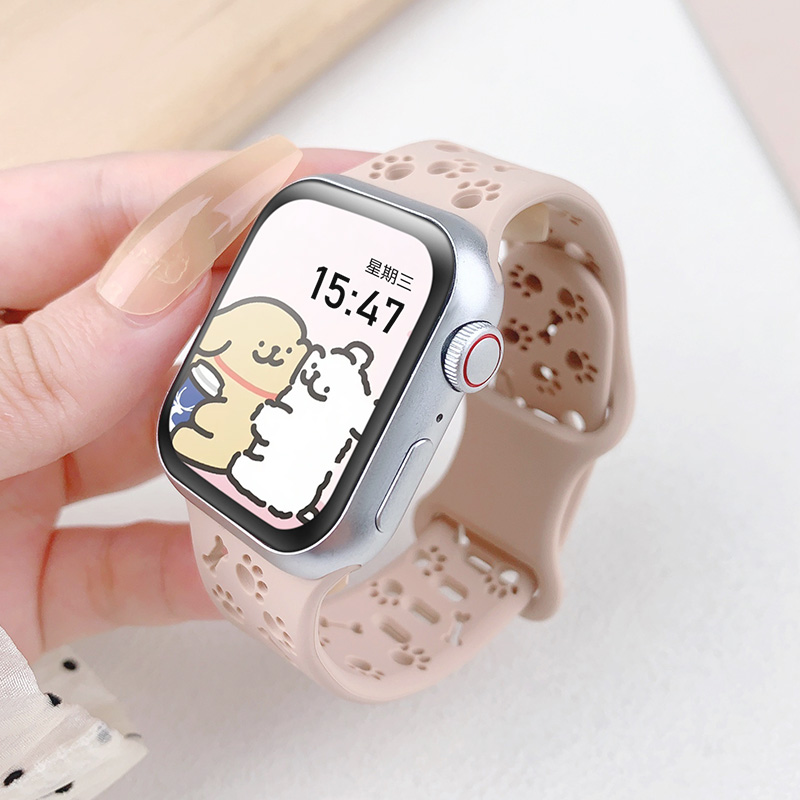 夏季新款适用苹果s10手表表带镂空iWatch硅胶女款applewatch9狗爪可爱SE透气运动防水Ultra创意高级s8腕带