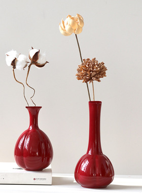 跨境红色花瓶陶瓷高级感喜庆新年婚房布置客厅装饰摆件水培干花插