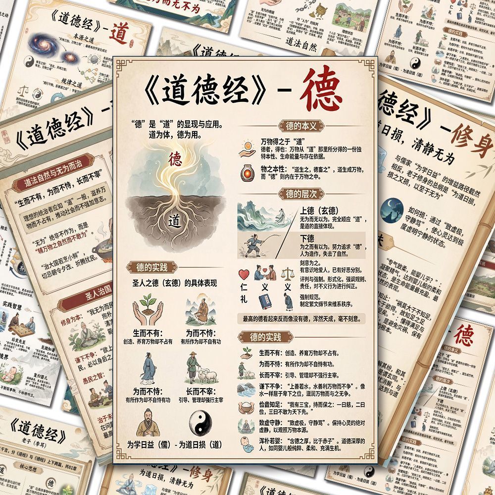 24张新款道德经国学经典传统文化智慧知识科普装饰笔记手账墙面桌面大尺寸diy自粘防水不干胶素材立体贴画纸