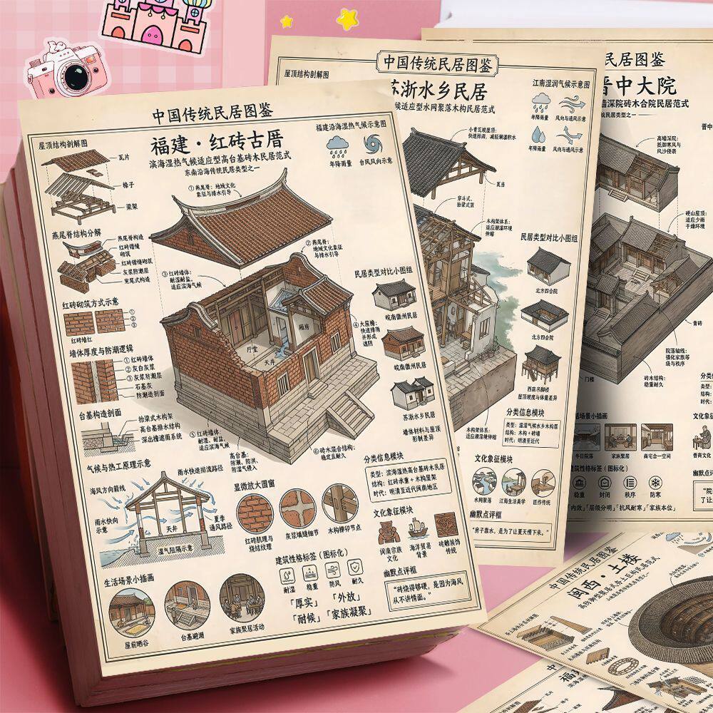 18张中国传统民居图鉴加大张地域建筑文化古代建筑艺术知识科普防水不干胶素材装饰墙面diy自粘标签立体贴纸