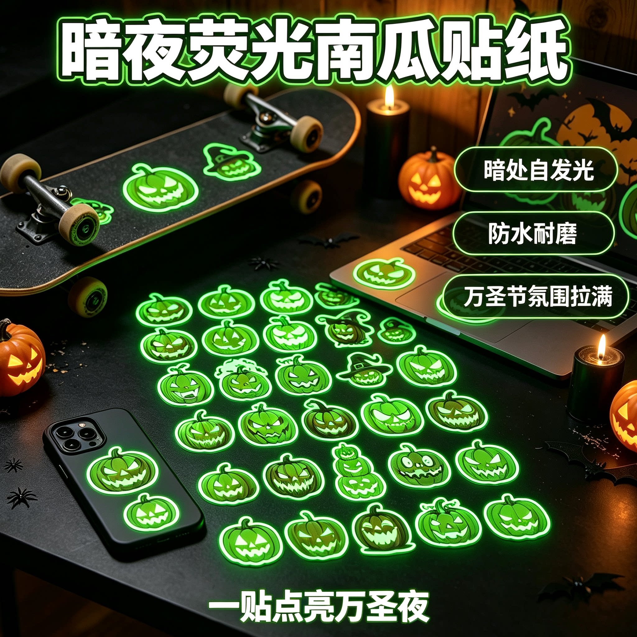 荧光发光南瓜头贴纸幽灵骷髅小动物万圣节恐怖主题装饰场景氛围感布置教室店面儿童玩具防水耐磨不干胶贴画纸