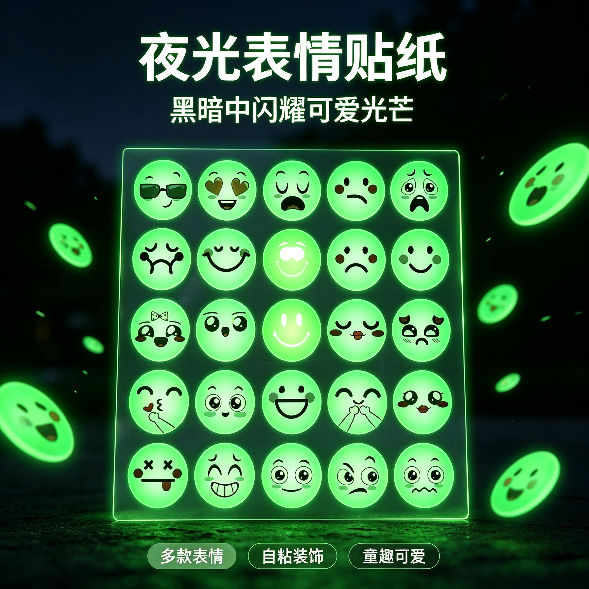 发光卡通贴纸搞笑笑脸行星猫咪南瓜头幽灵表情包情绪墙面装饰荧光夜间发光贴纸儿童玩具奖励贴防水不干胶贴画