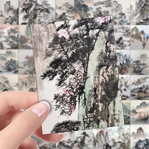【大图释官方授权】62张创意手绘水墨画贴纸国潮画山水古风唯美高清手账手机壳笔记本装饰自粘防水标签贴画纸