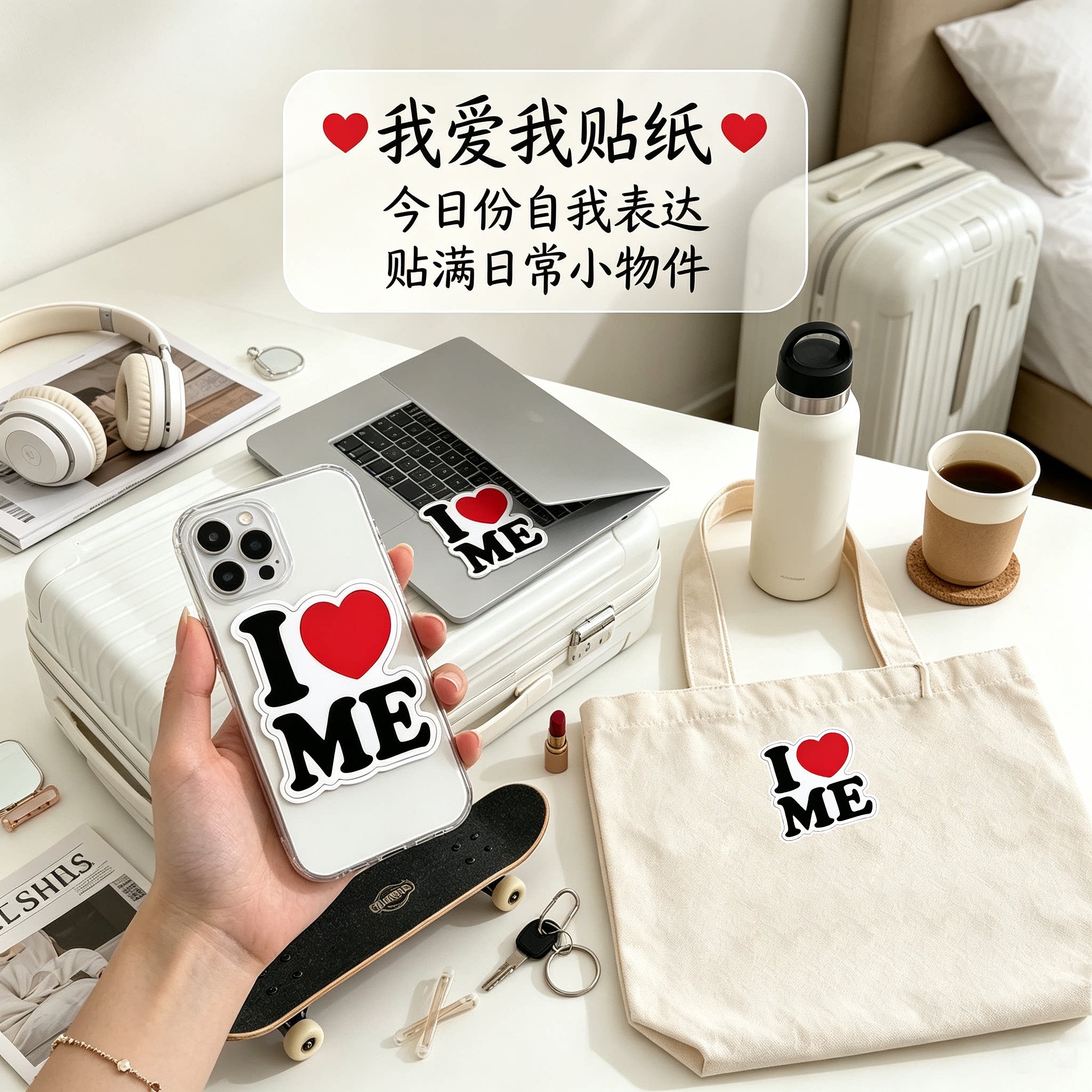 我爱我自己贴纸鼓励自爱自我鼓舞八方来财祝福语精致图案装饰手机壳行李箱笔记本防水不干胶耐磨diy自粘贴画