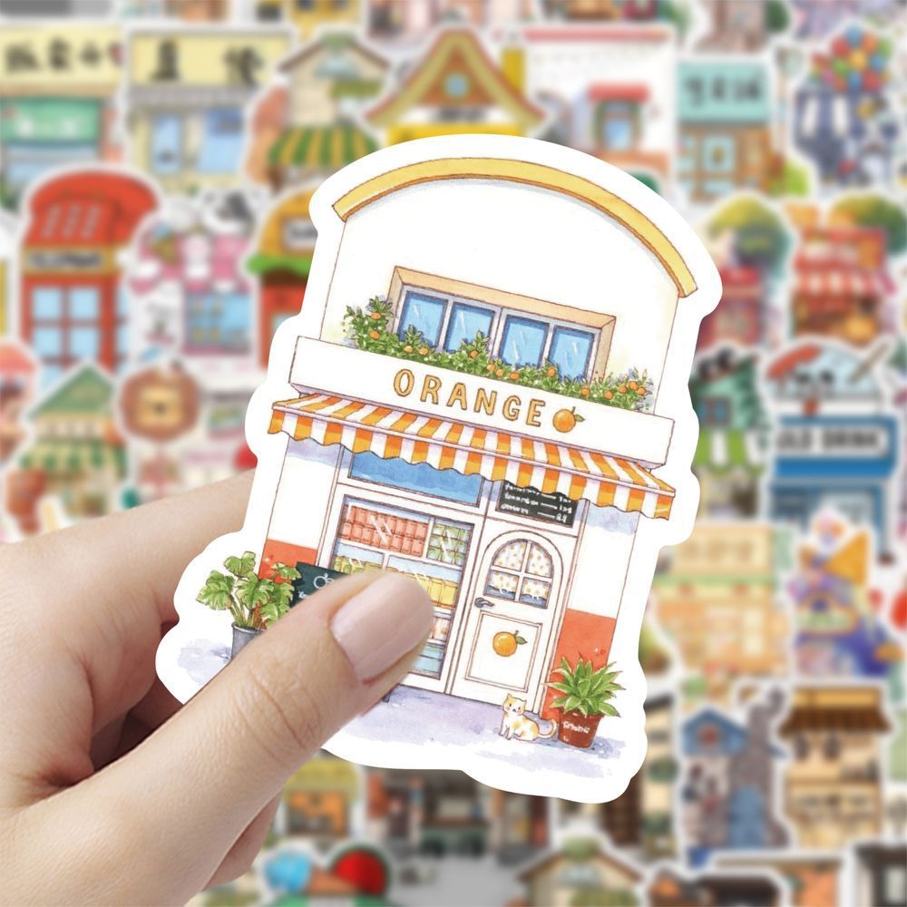 【大图释官方授权】120张新款街边小店建筑小房子贴纸二次元插画日系风景手账diy自粘手机壳玩具装饰标签贴画