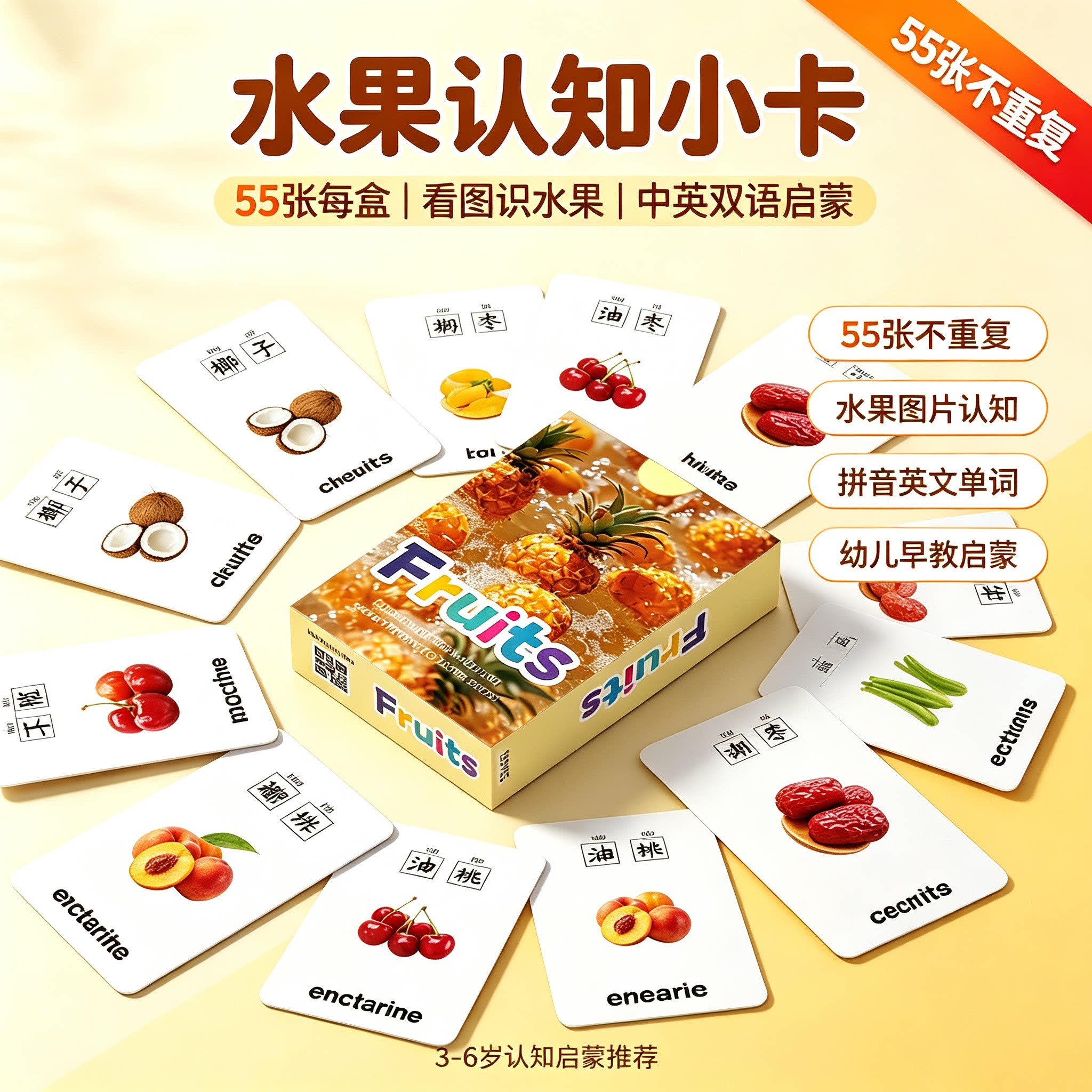 55张认知水果蔬菜动物小卡家庭启蒙教育小朋友儿童小图案双语拼音标注盒装教育卡片早教3-6岁看图识水果素材