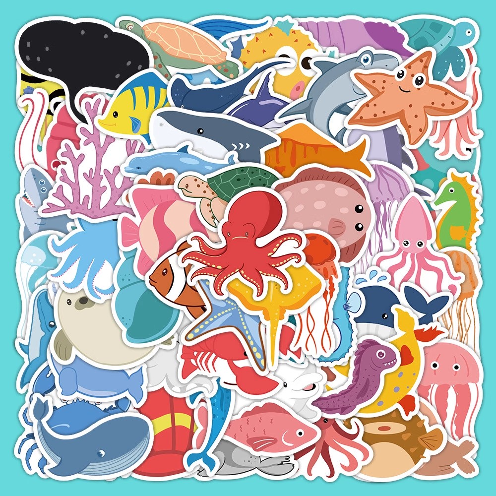 【大图释官方授权】120张海洋生物世界水族馆贴纸鱼类海豚螃蟹章鱼儿童玩具diy手账本自粘装饰卡通图案小贴画图片