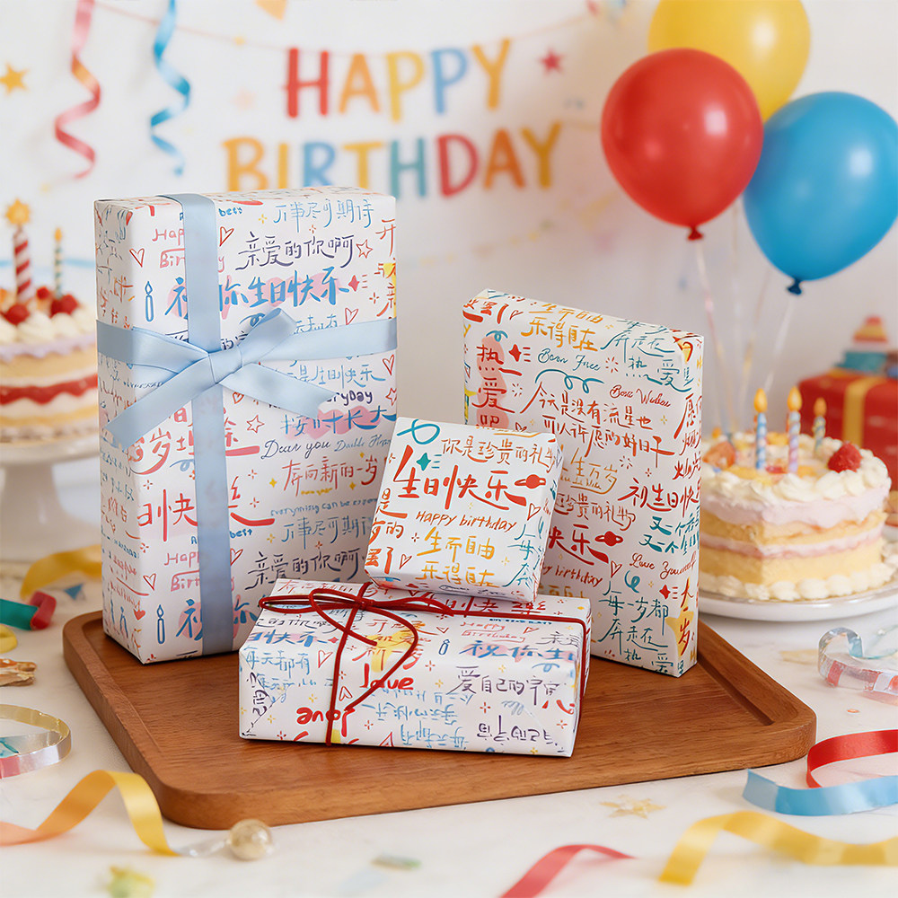 生日快乐礼品礼物包装涂鸦生日大张礼物文字图案包装纸高颜值书皮纸鲜