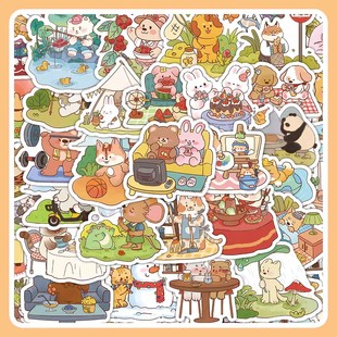 一天卡通可爱兔子熊猫贴纸ins风创意手账本素材手机壳行李箱装 120张小动物 饰标签贴画纸 大图释官方授权