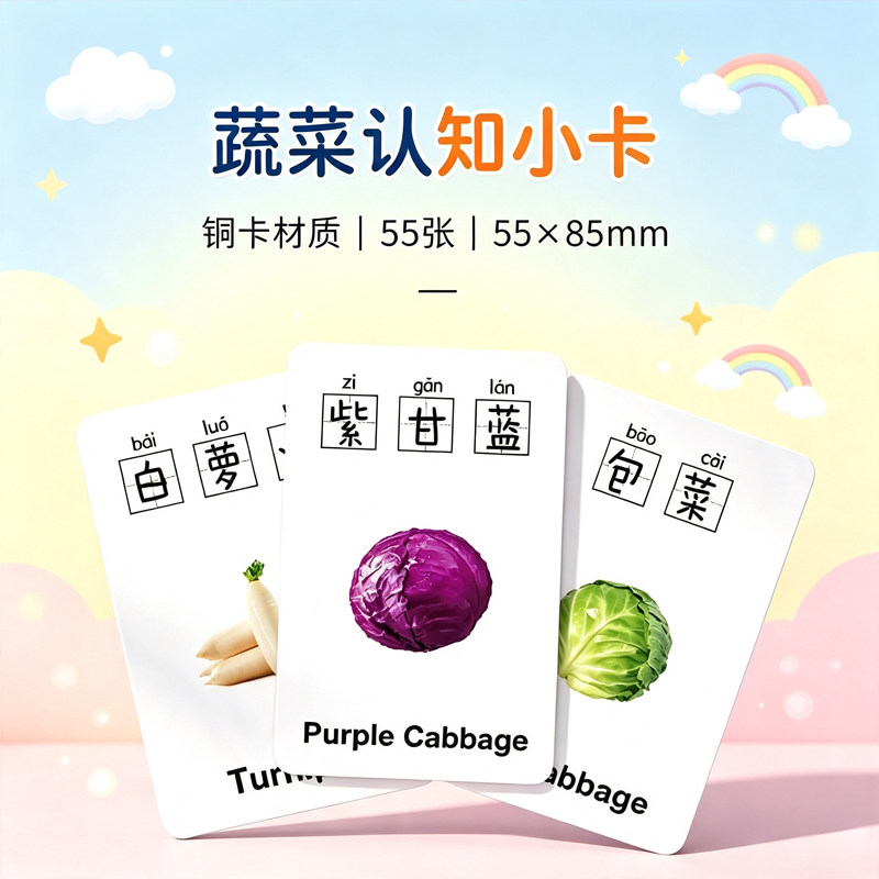 蔬菜认知小卡早教幼儿园动物水果认知小卡儿童学习益智小卡宝宝看图识物启蒙拼音英语成语故事小学学习便携卡