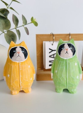 LOOXUE木雕猫咪摆件手工雕刻家居桌面装饰品萌宠礼物潮玩公仔礼物