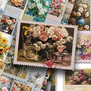 150张花卉邮票贴纸复古风花朵油画手账手机壳笔记本装饰防水贴画