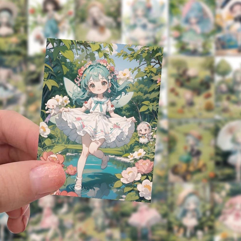 60张森林少女贴纸卡通女孩绿色森系手账打底背景贴纸手机平板贴画