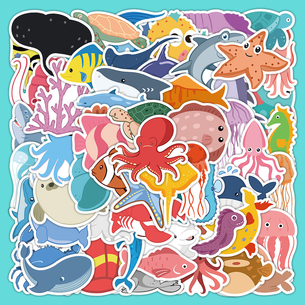 60张海洋世界水族馆贴纸鱼类海豚螃蟹章鱼儿童自粘装饰卡通小贴画图片
