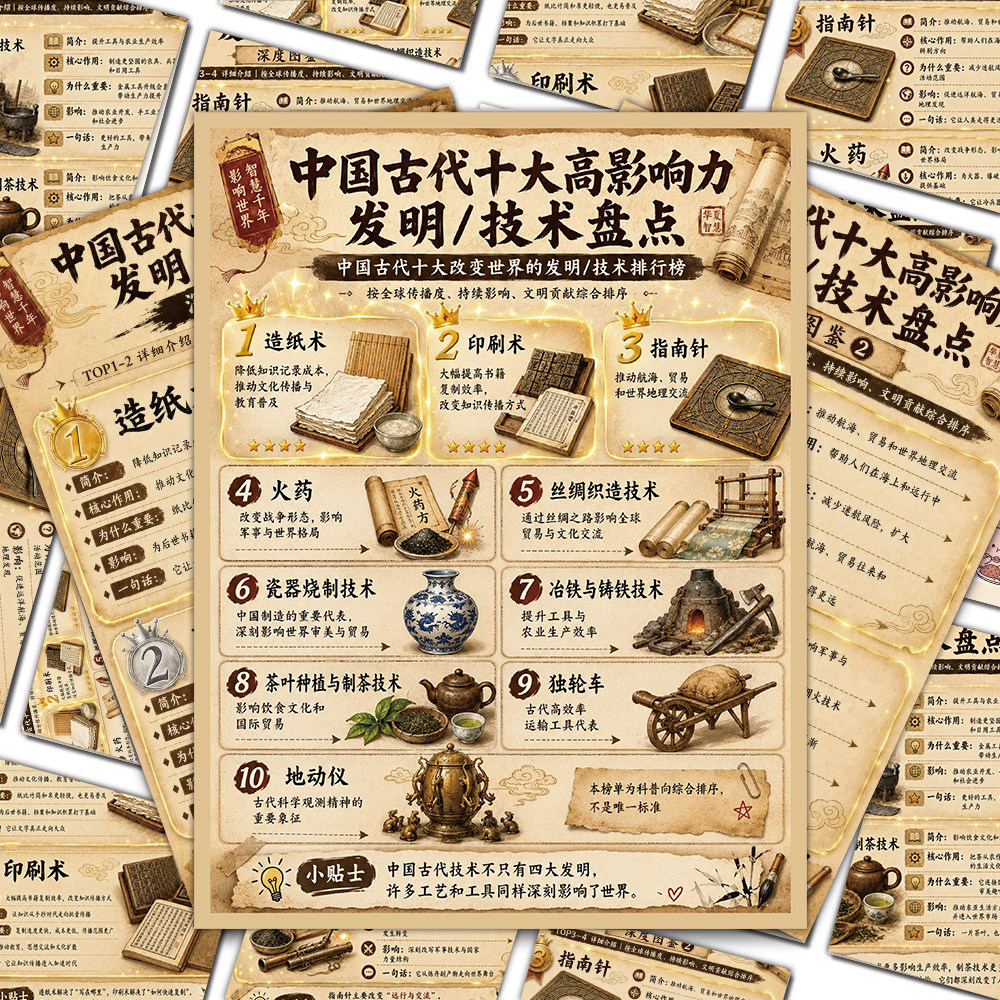 18张中国古代十大发明科普贴纸
