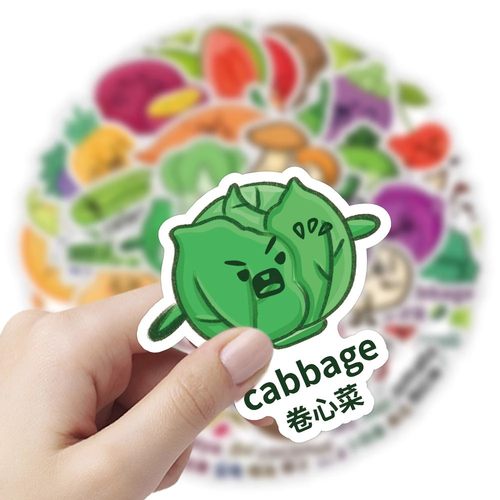 62张卡通水果蔬菜表情装饰贴纸英文益智学习装饰儿童玩具贴画防水