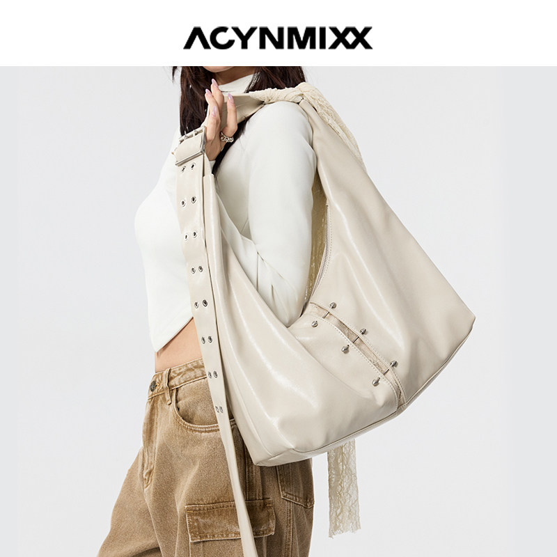 Acynmixx杏色蕾丝包大容量托特包女慵懒松弛感通勤软皮单肩斜