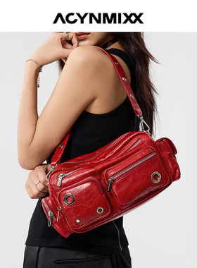 Acynmixx新款多口袋机车包女高级感红色单肩腋下包小众复古斜挎包