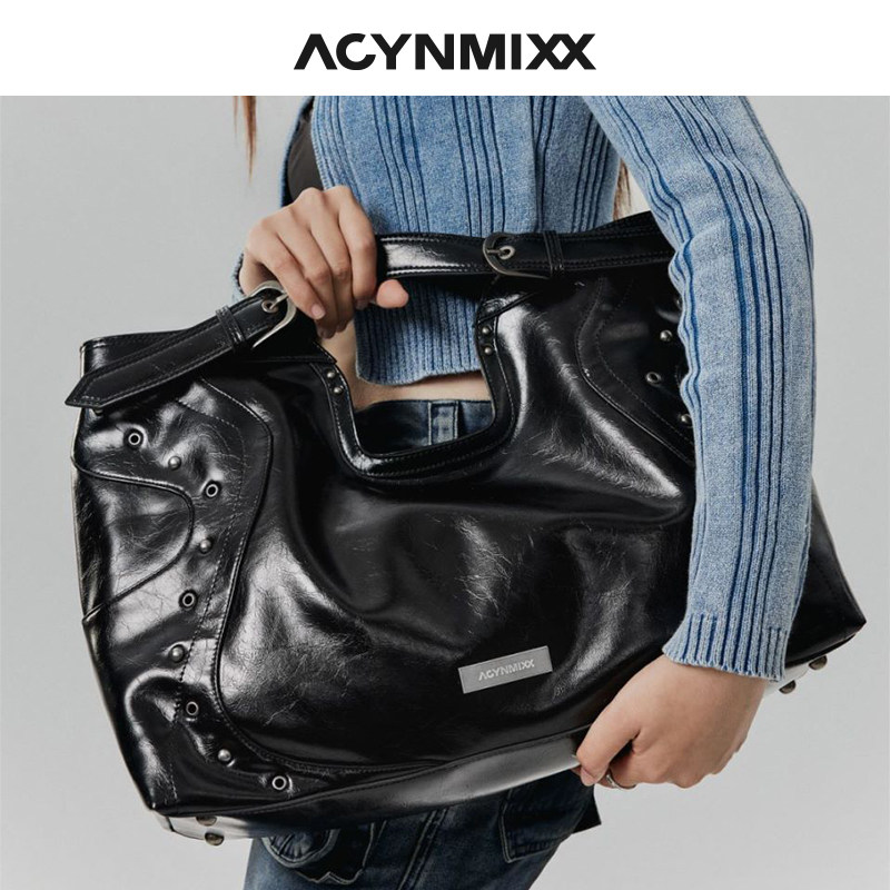 Acynmixx复古铆钉机车包女原创小众高级感大容量托特包单肩斜