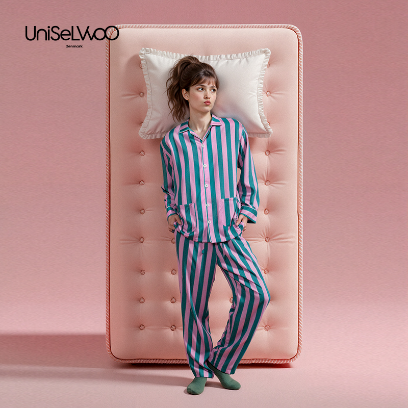呦卧兰精天丝条纹睡衣秋冬女款2025新款家居服男女情侣睡衣套装