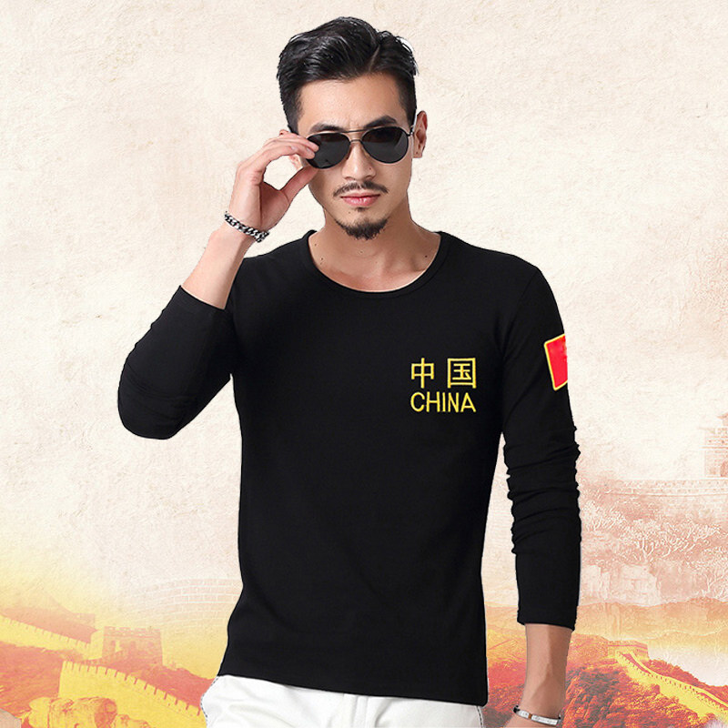 中国刺绣长袖t恤男吸汗军旅风特种兵爱国作训服圆领纯棉修身上衣