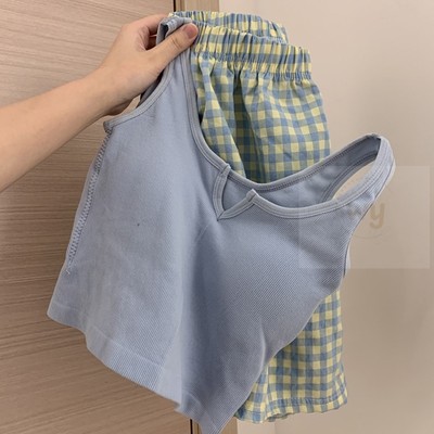 ins风格子吊带睡衣女夏款带胸垫背心短裤两件套夏天可外穿家居服
