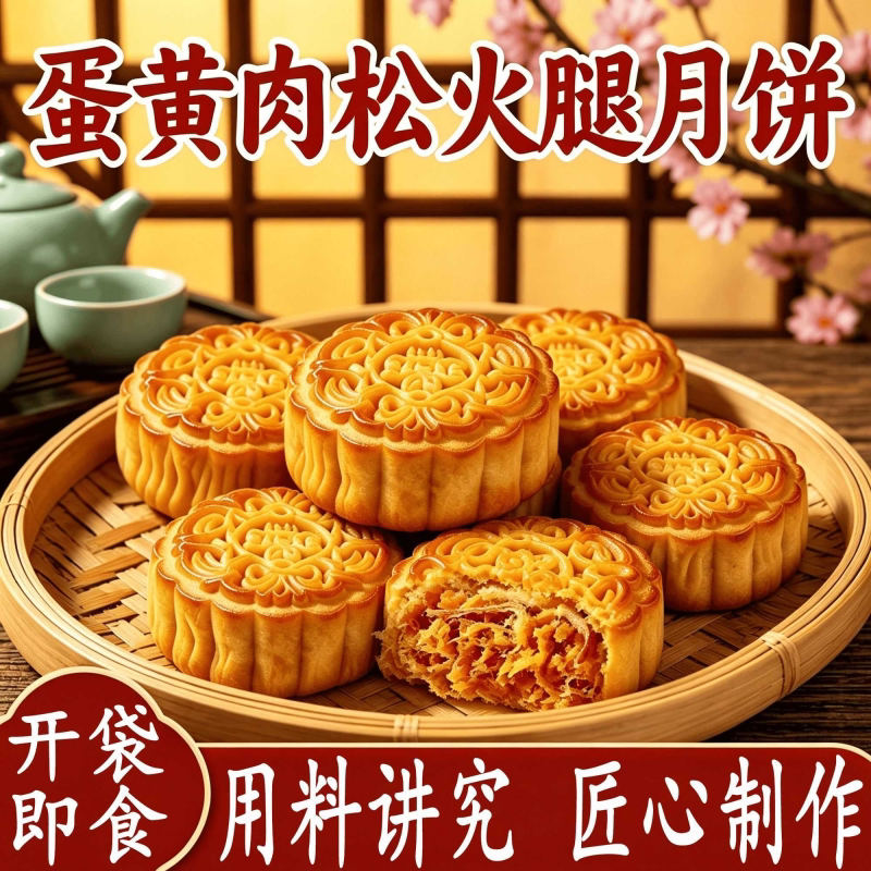 新货蛋黄肉松火腿月饼正宗广式蛋黄火腿月饼老式月饼中秋佳节礼品