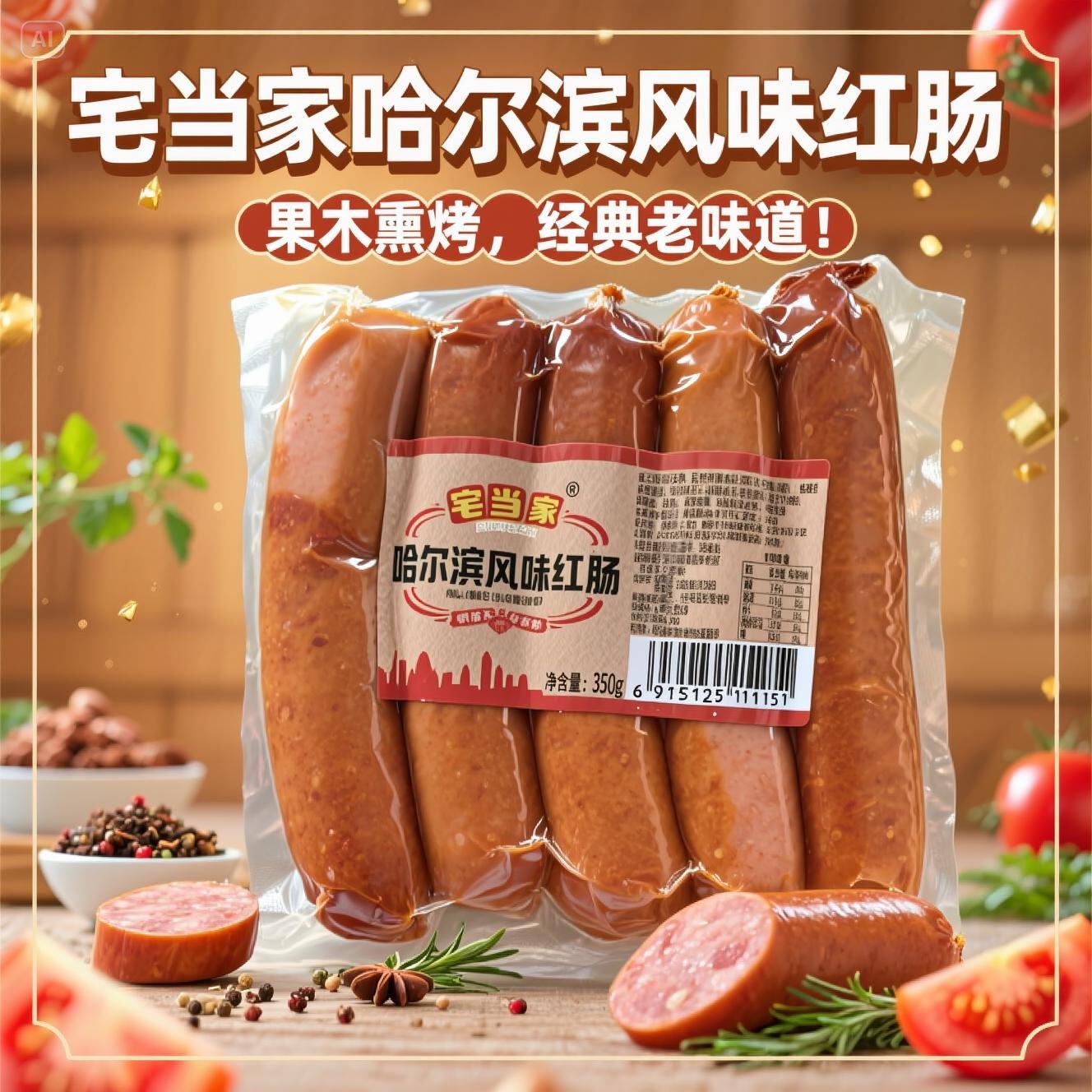 宅当家正宗哈尔滨风味红肠果木熏烤香肠即食肉肠熟食熏肠下酒菜