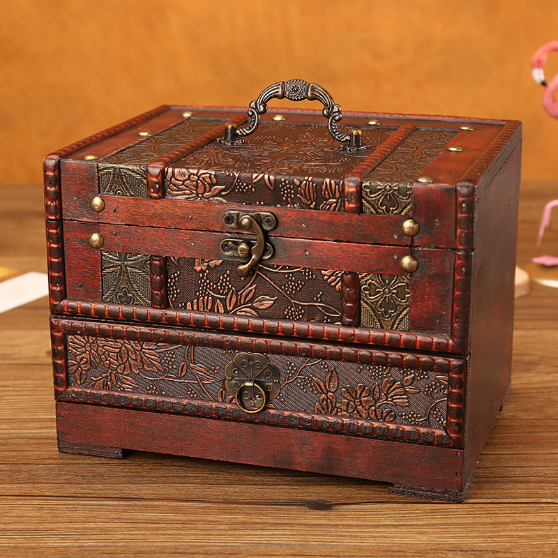 复古结婚饰品珠宝首饰盒中式木质带锁梳妆盒发簪项链收纳盒子