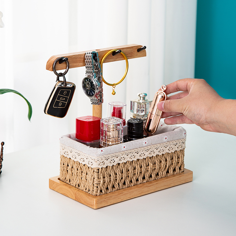 钥匙收纳玄关摆件入户钥匙挂架实木创意桌面托盘多功能口罩收纳盒