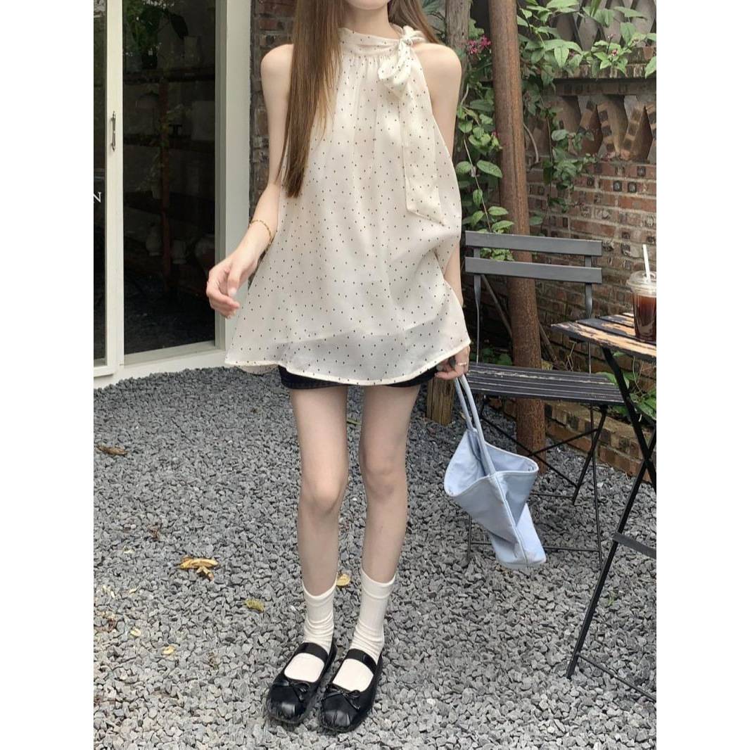 蝴蝶结波点挂脖衬衫女夏季新款