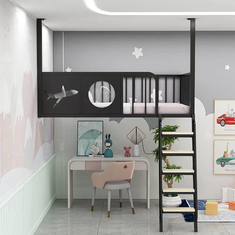 loft铁艺高架床上床下空单上层儿童阁楼高低床错位上床下桌挂壁床