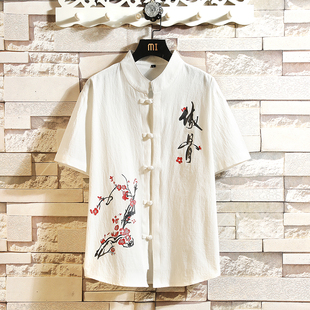 中国风男式短袖衬衫夏季薄款大码禅意衬衣新中式唐装复古禅茶服潮