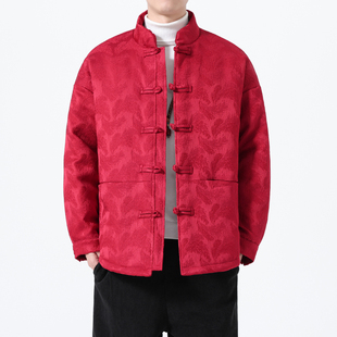 冬季中国风灯芯绒男式棉服加厚保暖立领唐装大码棉衣过年红汉服潮