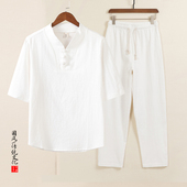 男式 子两件套国潮男装 短袖 套装 中国风夏季 禅茶服裤 T恤休闲裤 大码